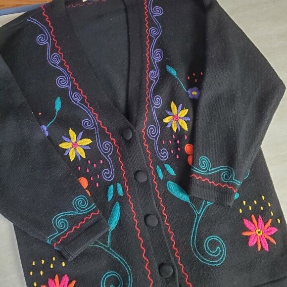 Vintage Hillary Paige‎ Cardigan Sweater Womens Large FlowersV-neck Art to wear - Picture 6 of 15